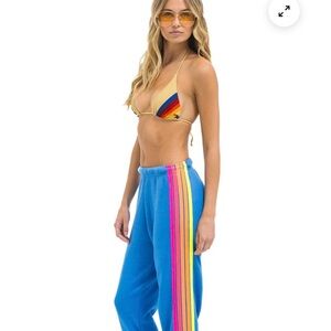 Aviator Nation Blue Joggers with Neon Rainbow Stripes - Like New